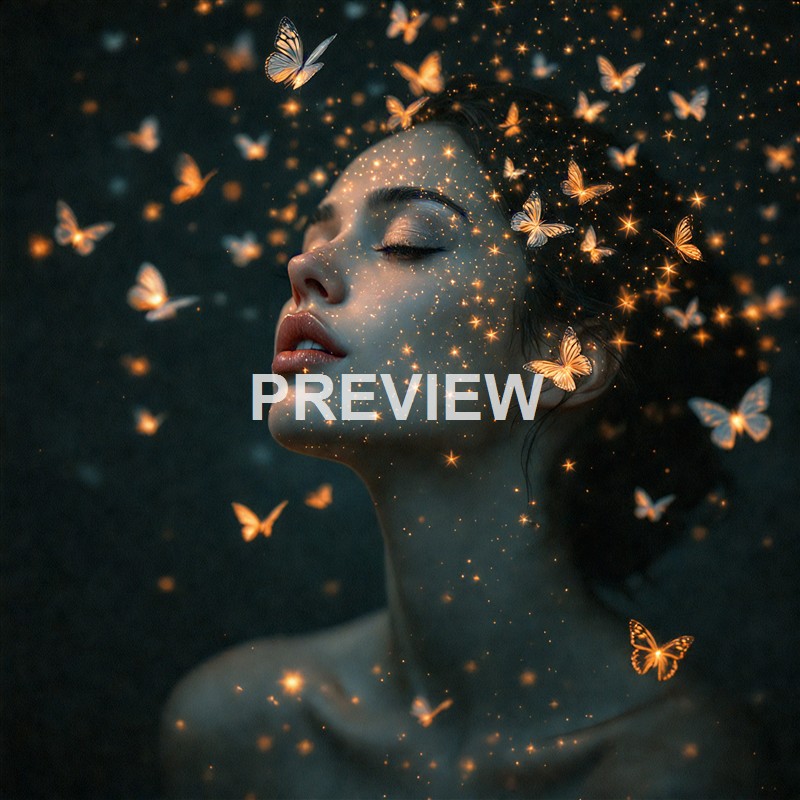 A woman with her eyes closed has glowing sparkles and butterflies around her face, creating a dreamy, magical atmosphere.